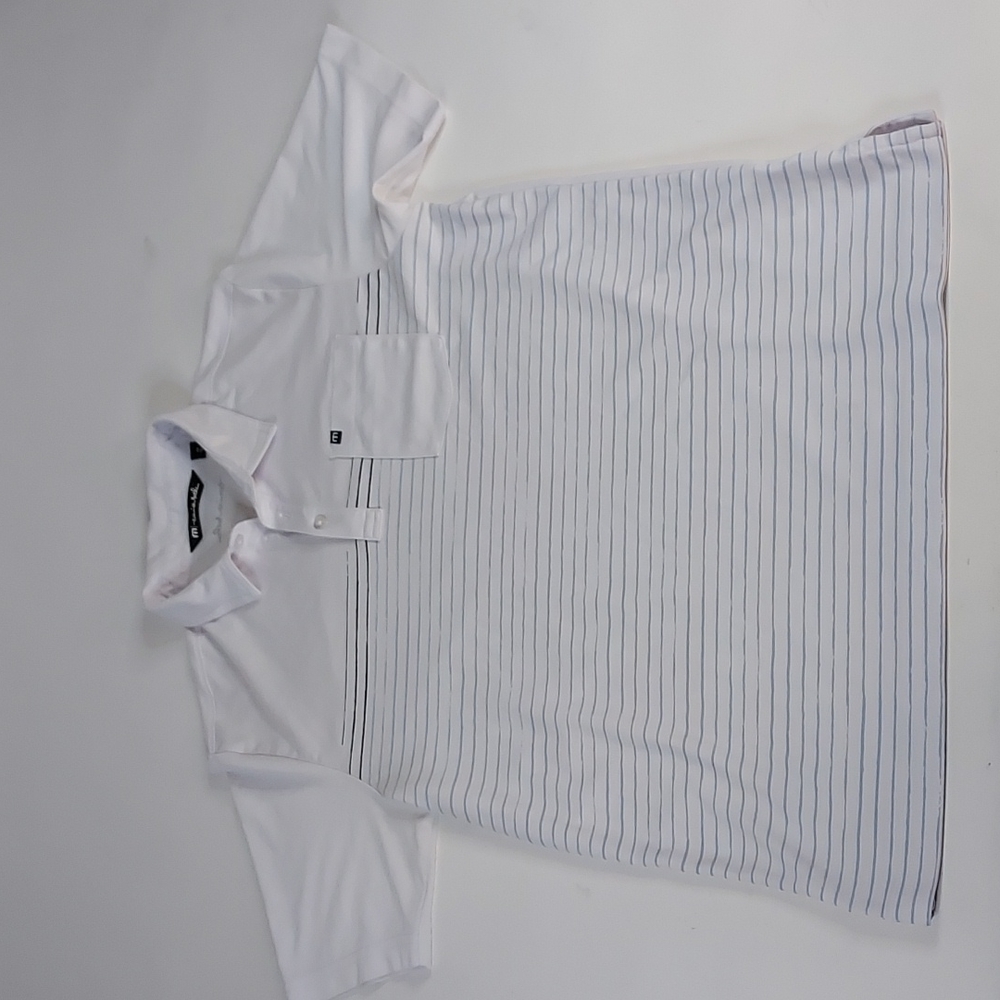 Travis Mathew Golf Polo Shirt Striped White Blue Gray Men's Medium